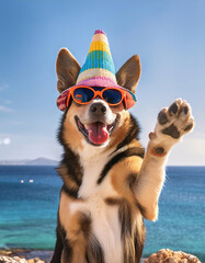 A cheerful dog in a colorful hat lifts his paw up on the beach