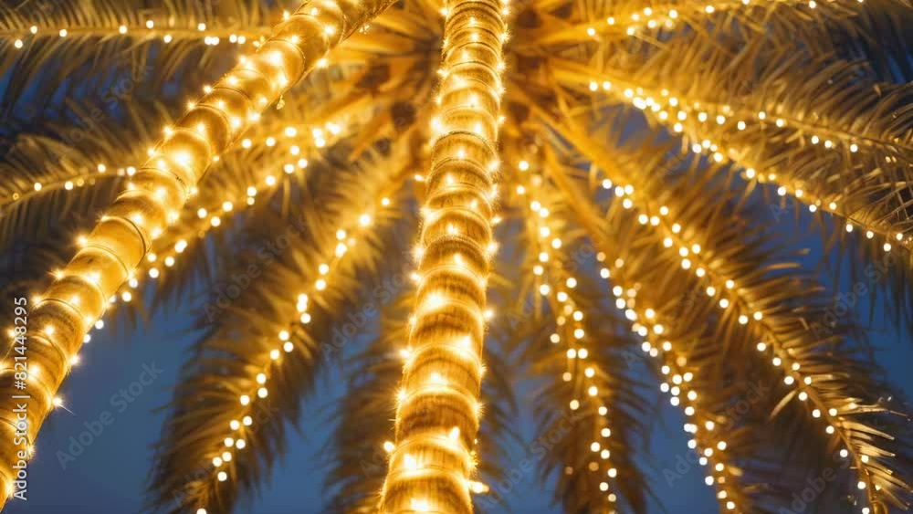 Wall mural palm tree adorned with twinkling lights. illuminated palm trees against a twilight sky. seamless loo