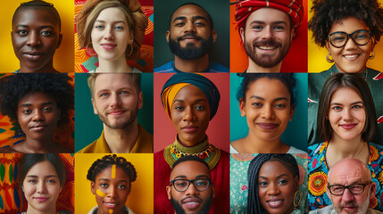 Grid layout of photographs showing a diverse group of smiling people of different races against colorful backgrounds, all looking at the camera in an ultra-realistic, professional shoot.
