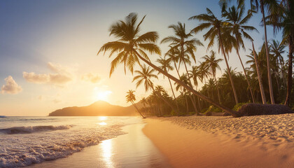 Sunny exotic beach by the ocean with palm trees at sunset summer vacation