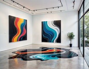 colorful rug in the center of a gallery. On the wall, there are three large, abstract paintings.