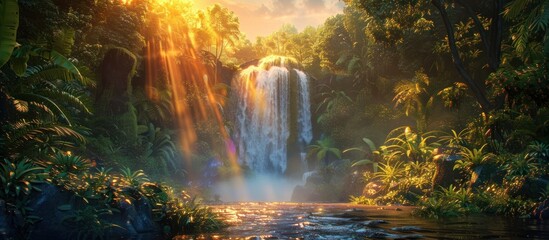Rainbow Waterfall Illuminating Tropical Forest with Golden Sunlight in a D Rendered Landscape