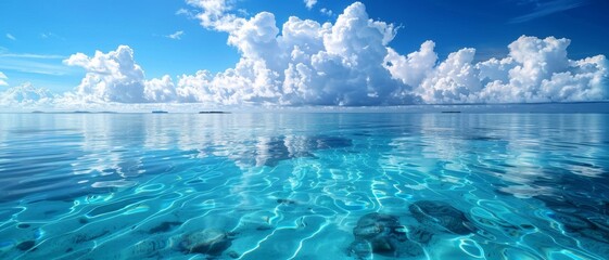 Pure water with a serene sea landscape, natural refreshment. Above and below surface of the sea with coral reef underwater and a cloudy blue sky.
