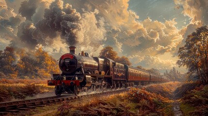 A steam locomotive chugging along a railway through the countryside