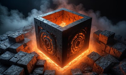 cube made of stone sits in the center of the image, glowing with a neon orange light.