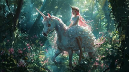 Enchanted princess riding a unicorn in a magical forest for fantasy themed designs