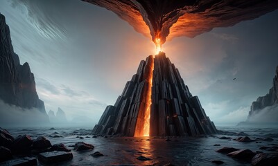 triangular structure with a lava-like texture stands on a rocky platform above the clouds. The platform is made of stone and has a similar texture.
