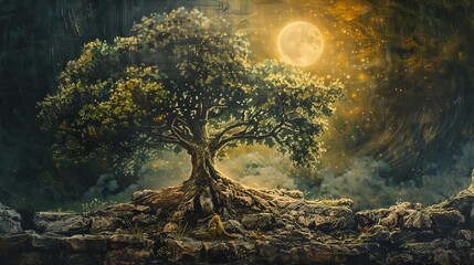 Enchanted tree under the full moon for fantasy and magical designs