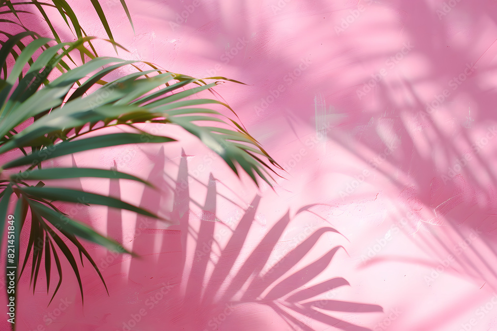 Poster blurred shadow from palm leaves on the pink wall minimal abstract background for product presentatio