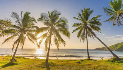 Sunny exotic beach by the ocean with palm trees at sunset summer vacation
