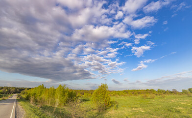 Evening landscape, early spring in the countryside, soft sunlight on the grass.