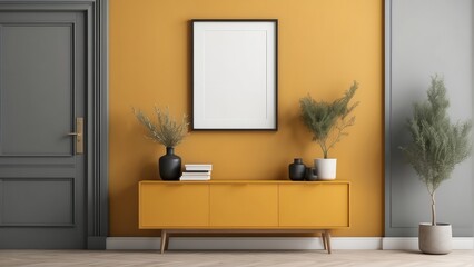 Cloudy Gray cabinet on Mustard wall with blank frame mockup