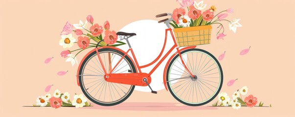 Fototapeta premium A bicycle with a basket full of flowers on it. The flowers are in various colors and are scattered all over the basket. The bicycle is parked in a field with a blue sky in the background