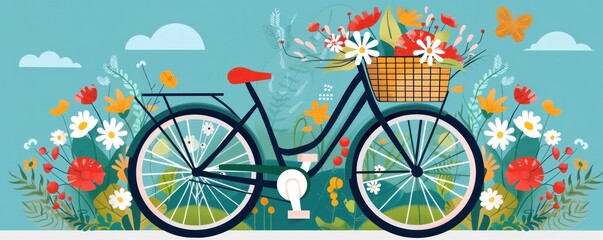 Fototapeta premium A bicycle with a basket full of flowers on it. The flowers are in various colors and are scattered all over the basket. The bicycle is parked in a field with a blue sky in the background