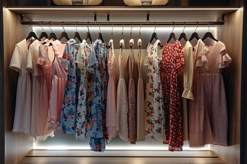 Multiple dresses and shirts neatly hung on a rack in a fashion showroom. Generative AI