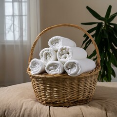 Tranquil room with wicker basket of neatly rolled white towels, evoking crisp and clean feel of laundry day. Concept of organized living, comfort of home, and simple pleasures of household upkeep