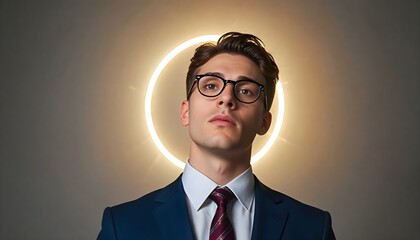 Arrogant beautiful young man in a fashion suit and in glasses looking up at camera and a halo above his head. 