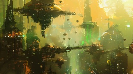 Futuristic cityscape with flying vehicles for science fiction themed designs