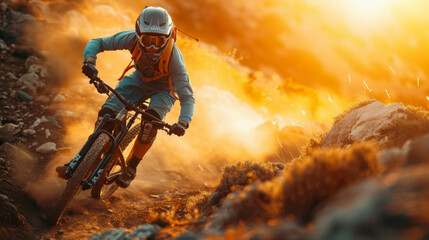 Fototapeta premium A mountain biker in full gear racing on a dusty trail during sunset, creating an action-packed and adventurous scene.
