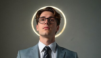 Arrogant beautiful young man in a fashion suit and in glasses looking up at camera and a halo above his head. 