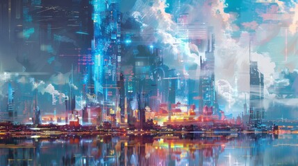 Futuristic cyberpunk city with neon lights and digital network
