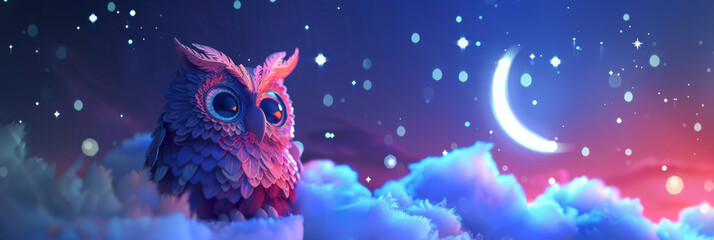 Cute owl 3d toy with gifts on the night background, in the sky, white clouds and stars. Ai generative.