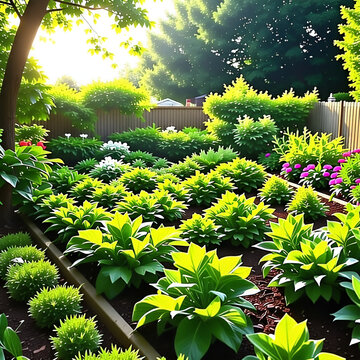 작은 텃밭에 아름다운 식물과 채소들이 심겨져 있습니다.