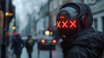 Urban Cyberpunk Street Scene - Mysterious Figure in Futuristic Helmet with LED Display