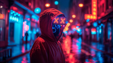 Mysterious Figure in LED Mask on Neon-Lit Street - Cyberpunk Urban Scene