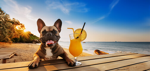 Portrait of a happy bulldog dog sitting on tropical beach with a glass of orange juice on the table.