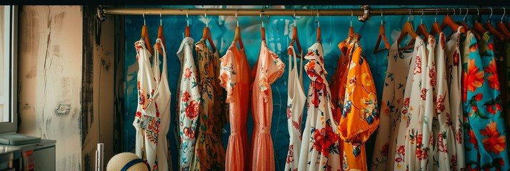 Assorted scarves in various colors and patterns are neatly displayed on a rack in a womens clothing showroom. Generative AI