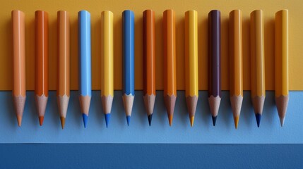 A row of colored pencils lined up in a line against the wall, AI