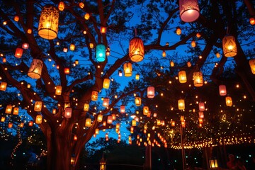 Colorful Paper Lanterns Illuminating Trees at Night