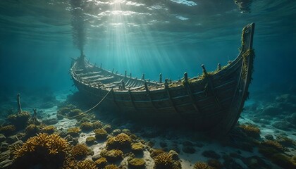 A captivating and detailed underwater scene of a long-forgotten Viking ship.