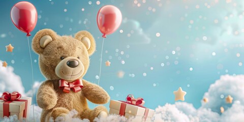 Toy bear and gift box on a blue background with copy space. Greting card concept. Ai generative.