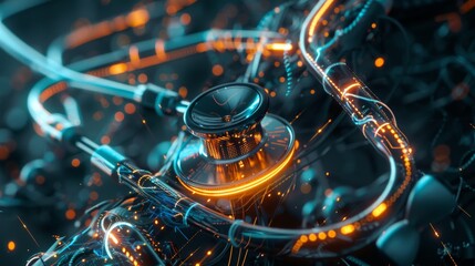 Futuristic stethoscope on a digital circuit board for healthcare and technology designs