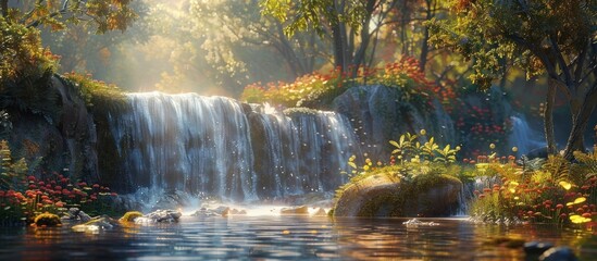 Impressionistic D Rendering of a Historic Waterfall Under Soft Morning Light