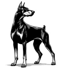 Hand drawn illustration of fierce doberman dog, vector sketch isolated on transparent background.