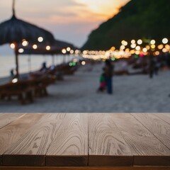 Wooden table with blur beach cafes background and bokeh lights