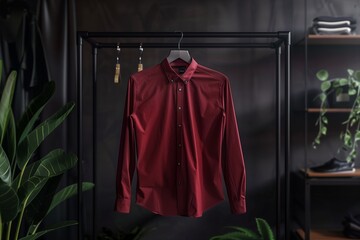 Maroon shirt mockup on a modern clothes rack with a dark backdrop