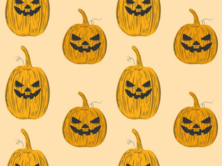 Seamless pattern with orange pumpkins.Halloween hand drawn background, ideal for holiday textile prints, holiday banners, backdrops.Vector illustration EPS10.