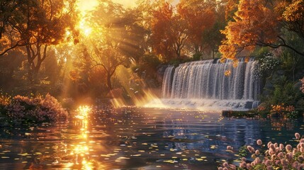 Renaissance Meets Nature in a Vibrant D Rendered Waterfall at Sunset