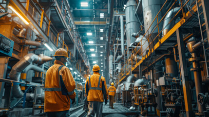 Fototapeta premium Workers in safety vests and helmets operating inside a large, modern industrial manufacturing plant.
