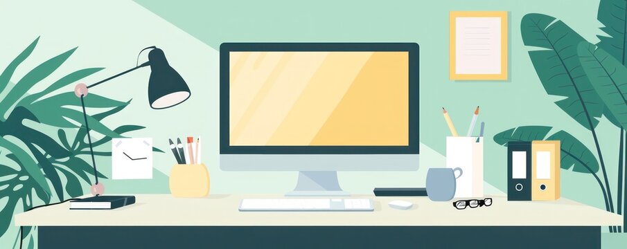 A computer desk with a monitor, keyboard, mouse, and a cup of coffee. The desk is surrounded by plants and has a clock on the wall. Scene is that of a comfortable and productive workspace