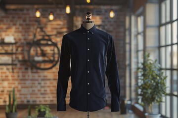 Navy shirt mockup on a stylish stand in an industrial loft