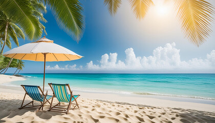 photo beautiful tropical beach and sea with chair umbrella, coconut palms travel tourism