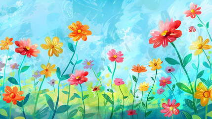 A vibrant painting of colorful flowers with a blue sky background, suitable for art and nature-themed designs and decorations.