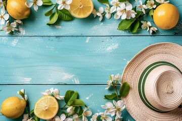 Lemons and Spring Flowers With Straw Hat on Turquoise Wooden Table in Daylight