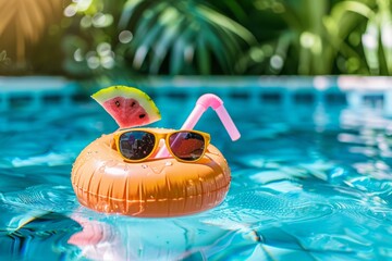 Bright Orange Inflatable With Sunglasses Floating in a Pool
