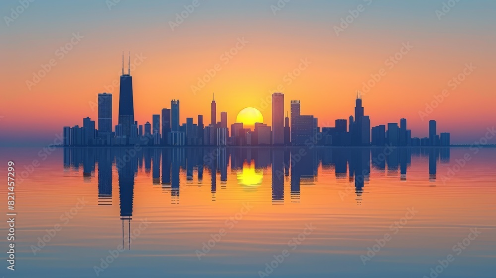 Poster A city skyline is reflected in the water at sunset, AI